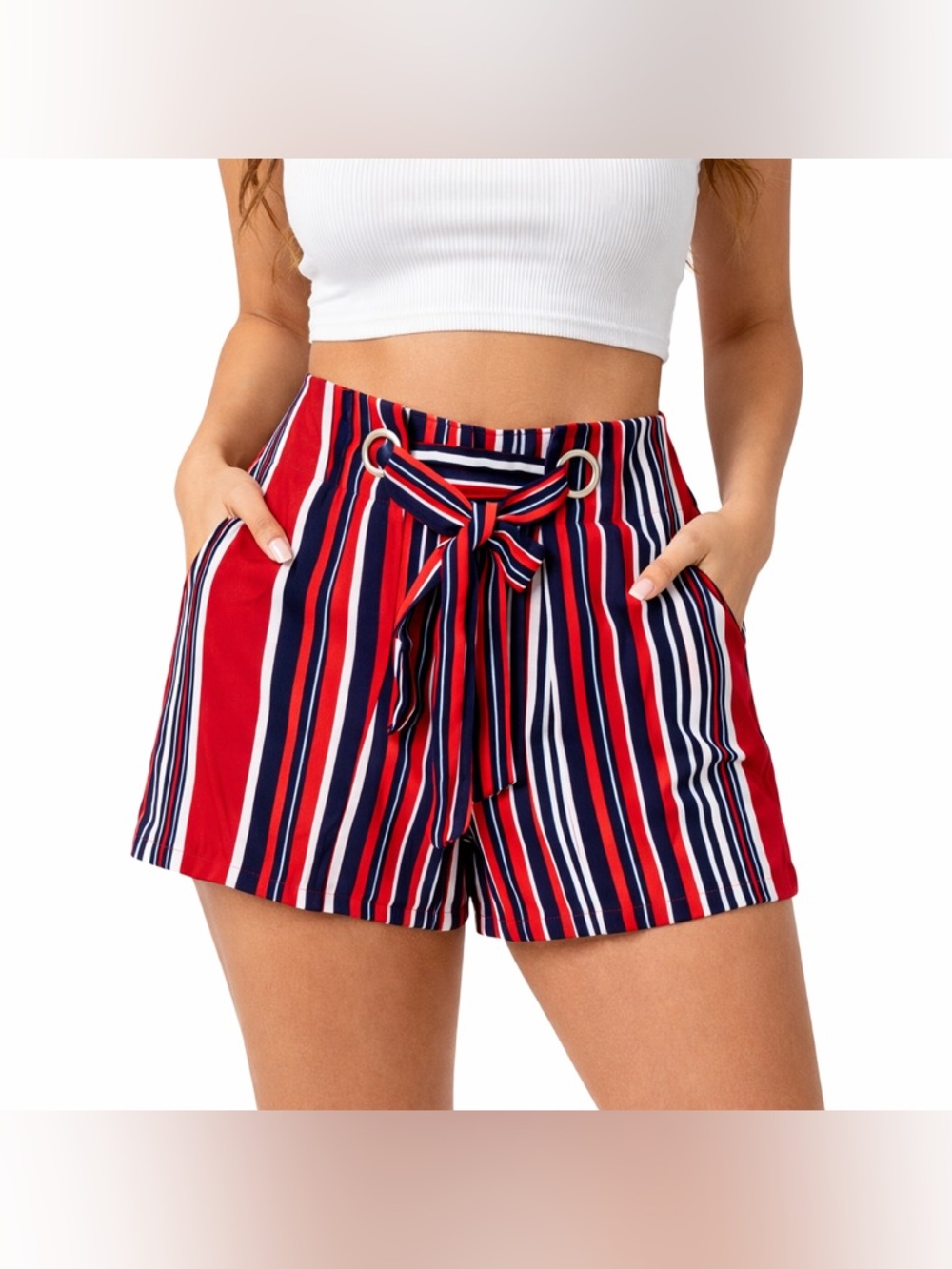 Striped Red Navy High-Waist Tie Front Women's Shorts